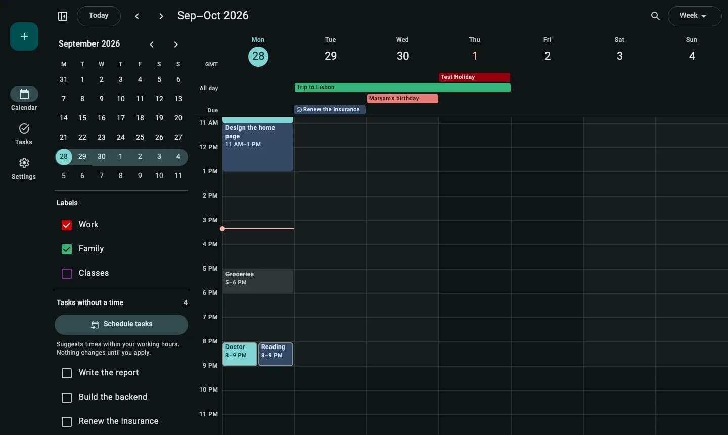 The app’s week view, with events, all-day plans, and tasks that don’t have a time yet.