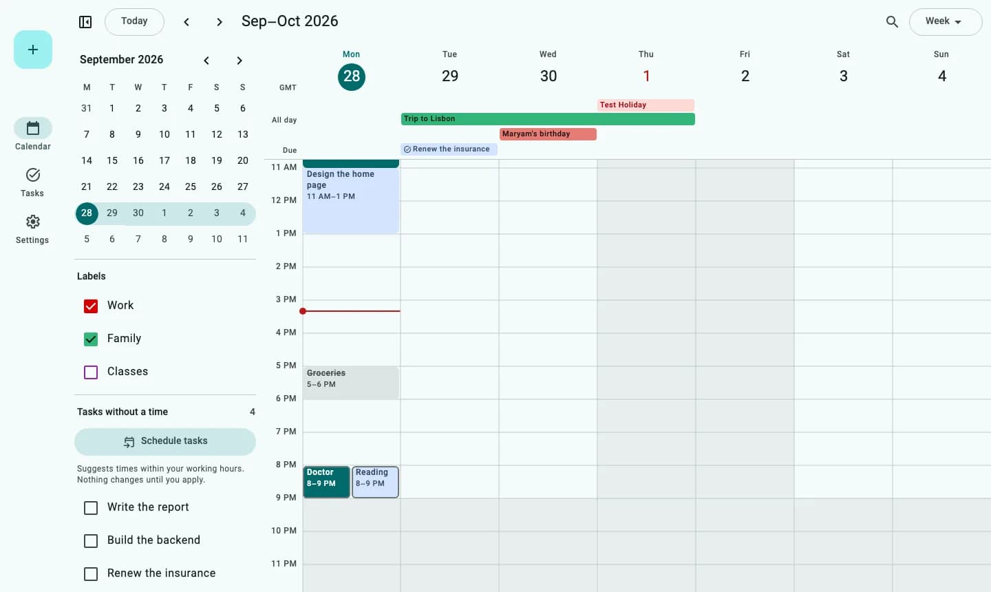 The app’s week view, with events, all-day plans, and tasks that don’t have a time yet.